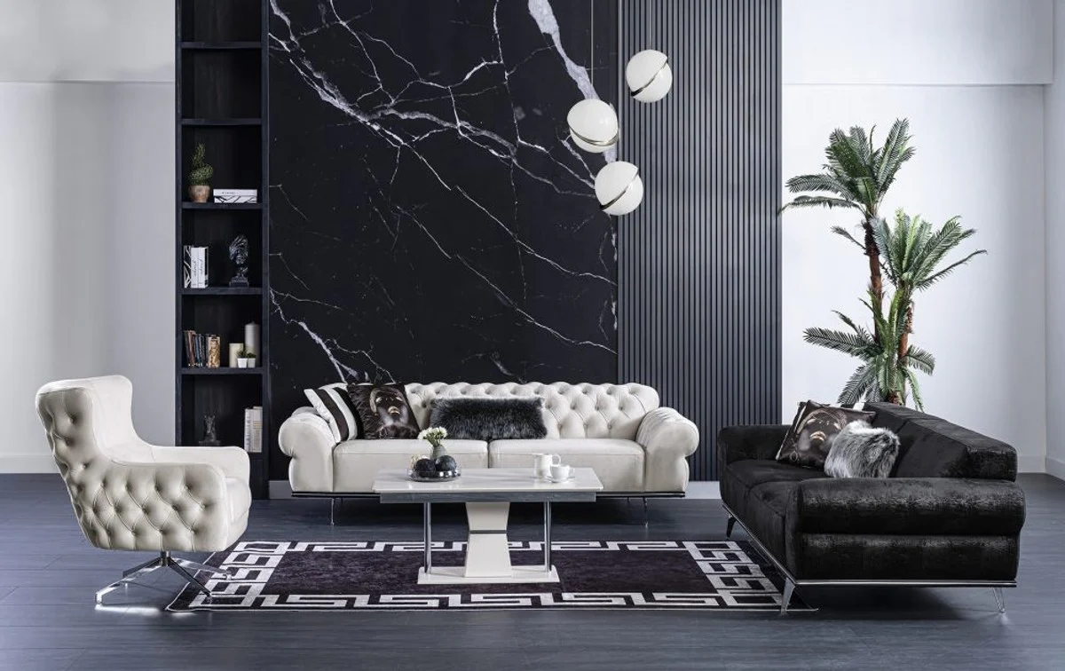 Casa Padrino Conjunto de Sala de Estar Art Deco Chesterfield de Lujo - 2 Sof¨¢s y 2 Sillones Giratorios y 1 Mesa de Centro - Muebles de Sala Noble Art Deco