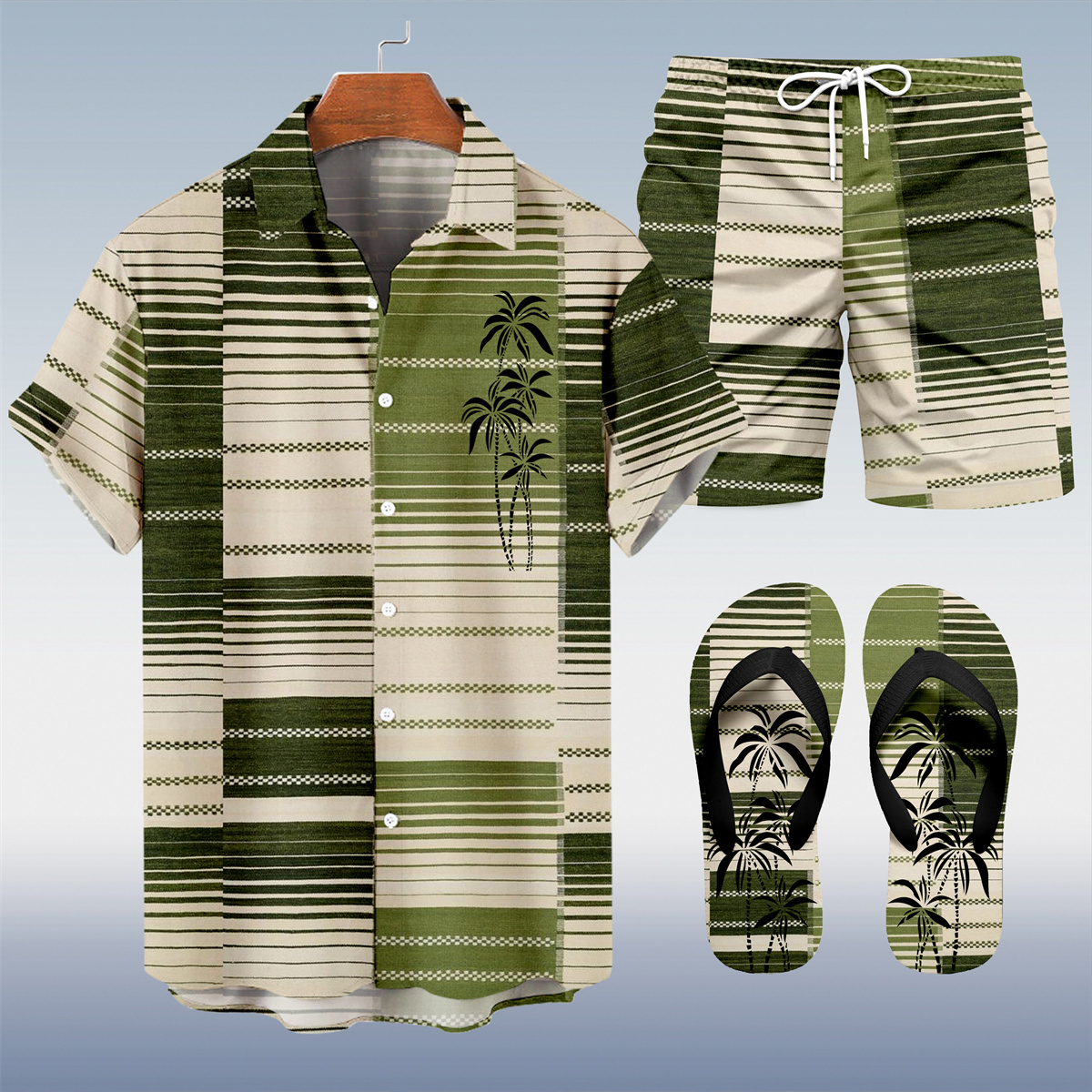 Suitmens Men's Hawaiian Bowling Print Shirt Three-Piece Set 048