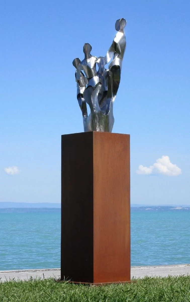 Casa Padrino escultura de metal de decoraci¨®n de jard¨ªn XXL amigos sobre columna plata / ¨®xido A. 182 cm