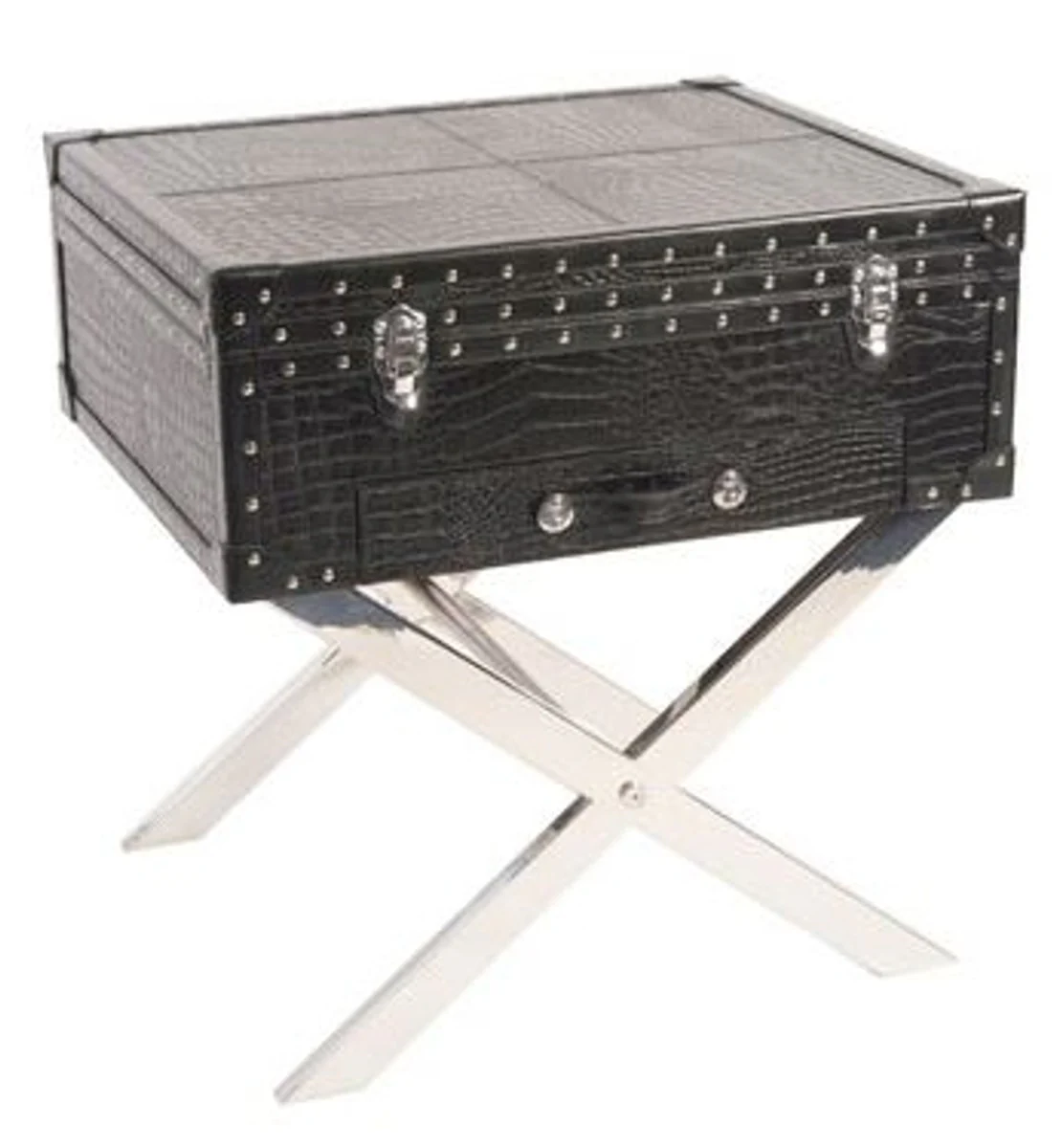 Consola Casa Padrino negro cuero genuino en ¨®ptica cocodrilo 50 x 50 x 45 cm - Consola nocturna cabecera