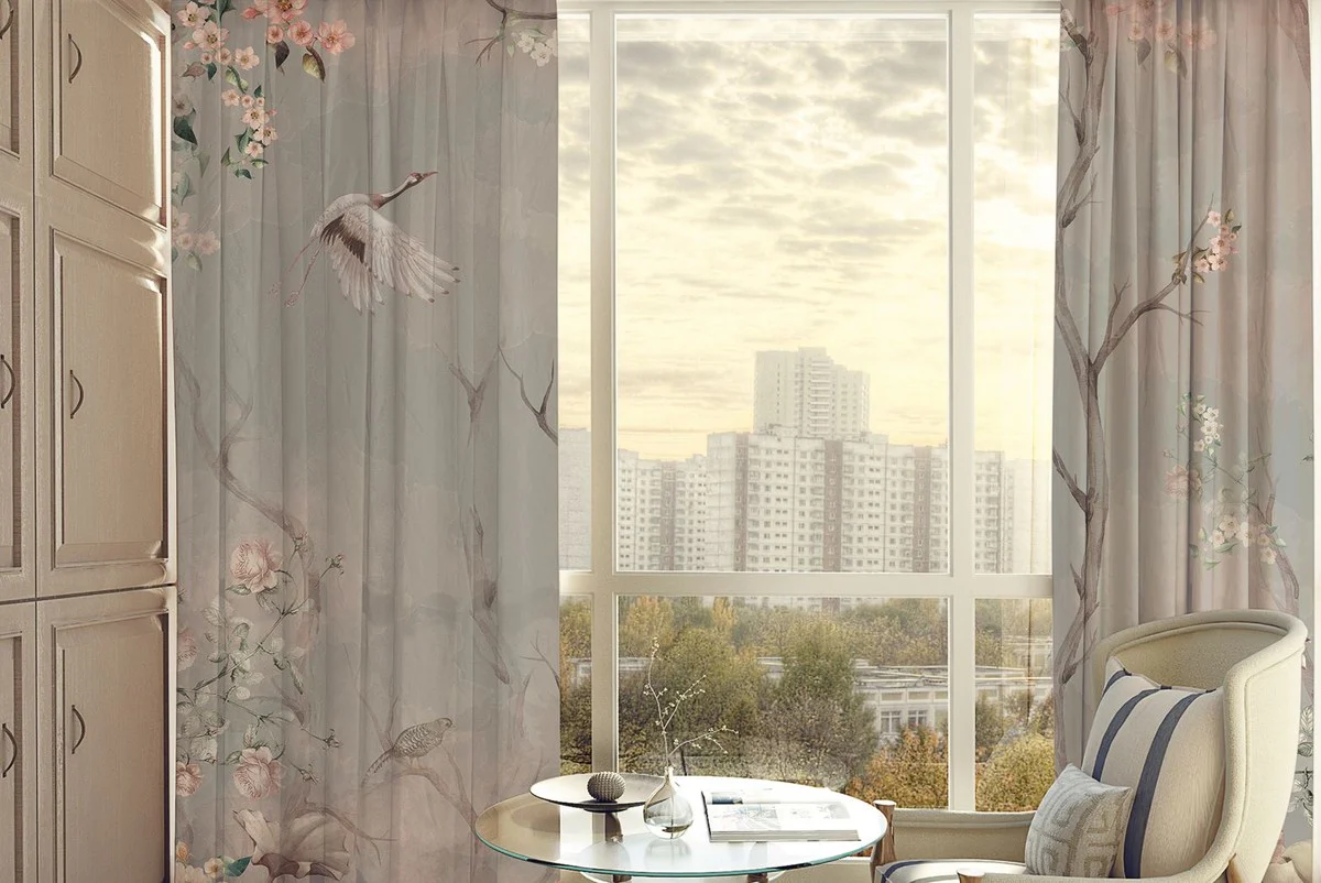 Casa Padrino conjunto de cortinas de lujo pájaros en el bosque gris claro / multicolor 250 x A. 290 cm - Cortinas de lino y terciopelo estampadas - Cortinas de ojales - Cortinas correderas