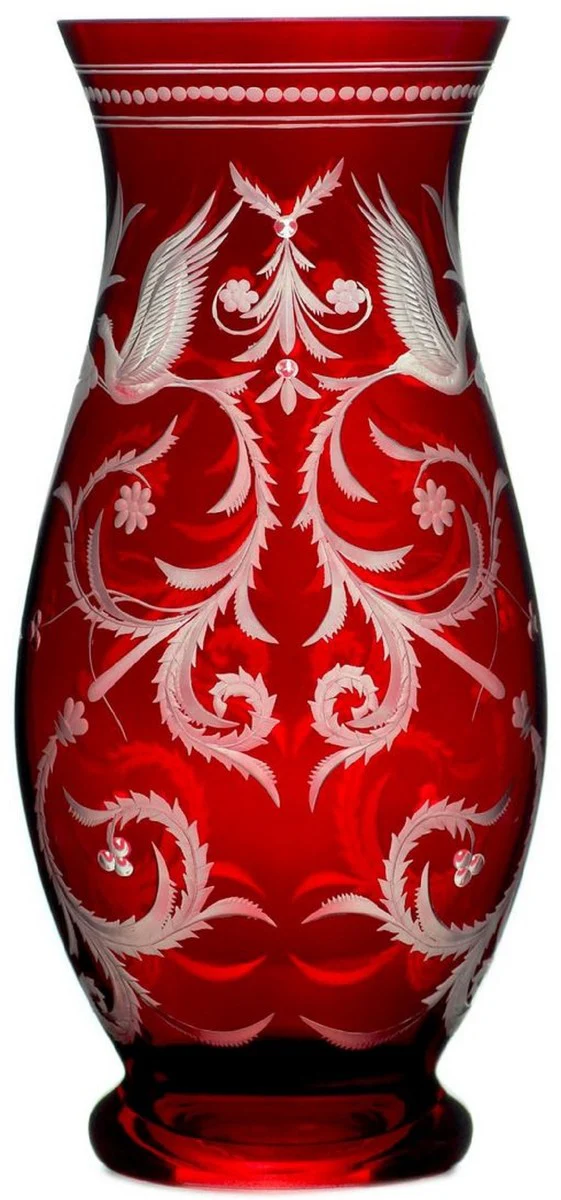 Casa Padrino florero de vidrio decorativo de lujo rojo / plata Ø 14 x A. 30 cm - Jarrón de flores hecho a mano y grabado a mano - Accesorios de Hotel y Restaurante - Calidad de Lujo