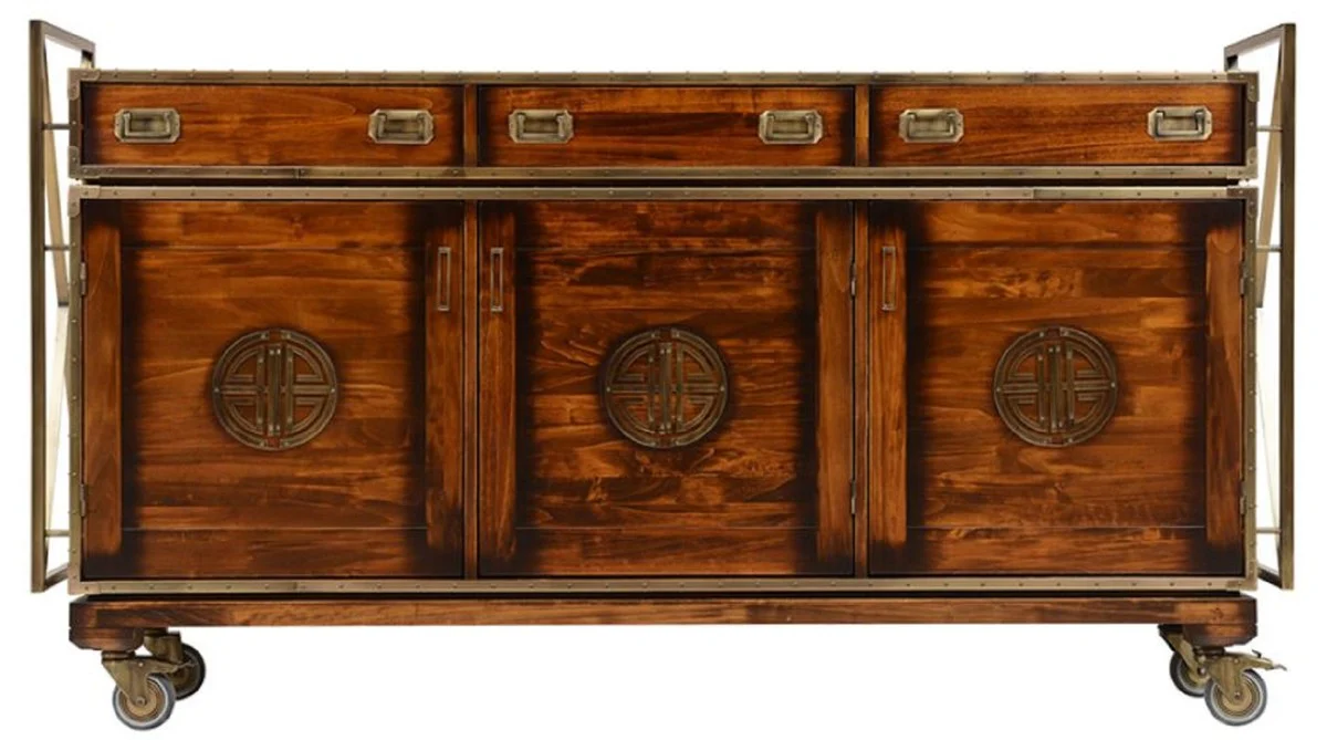 Casa Padrino aparador de estilo vintage de lujo con 3 cajones y 3 puertas marrón / latón 200 x 45 x A. 112,5 cm - Armario de estilo vintage - Muebles de madera maciza de estilo vintage de lujo