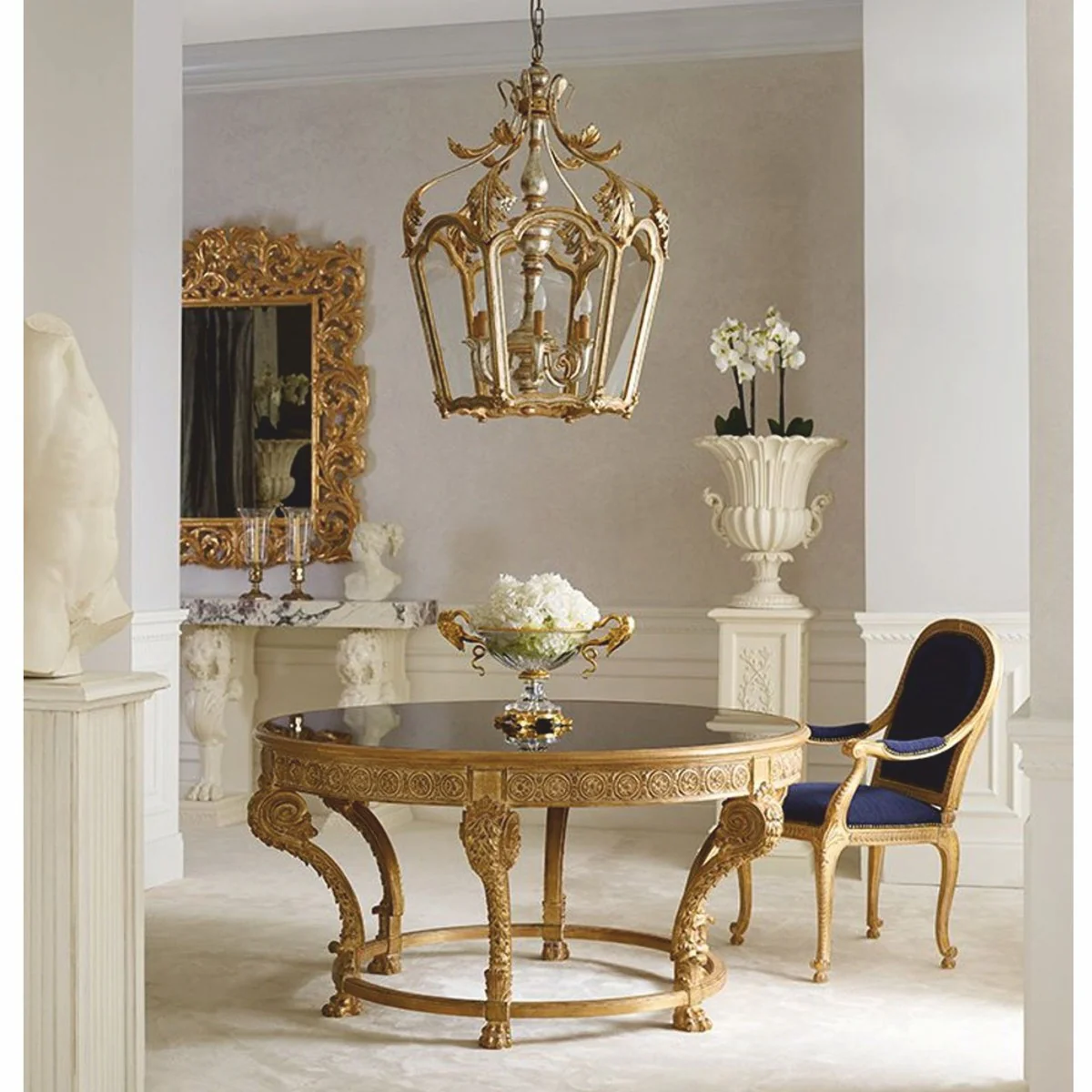 Casa Padrino mesa de comedor barroco de lujo con tablero de vidrio natural / negro ? 142 cm - Hecho en Italia