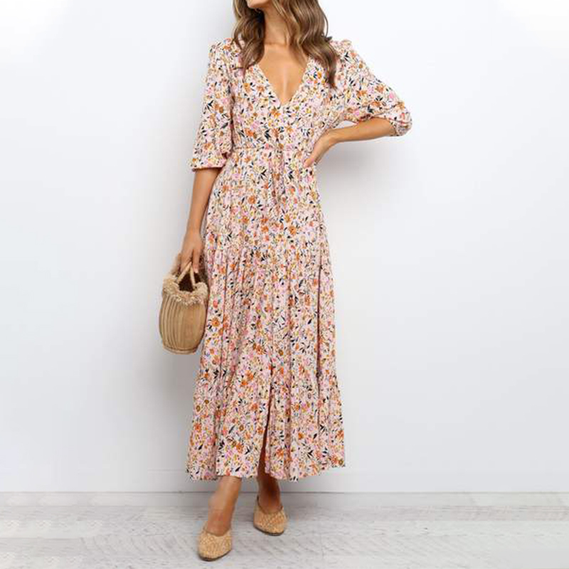Pleated Floral Print Maxi Dress
