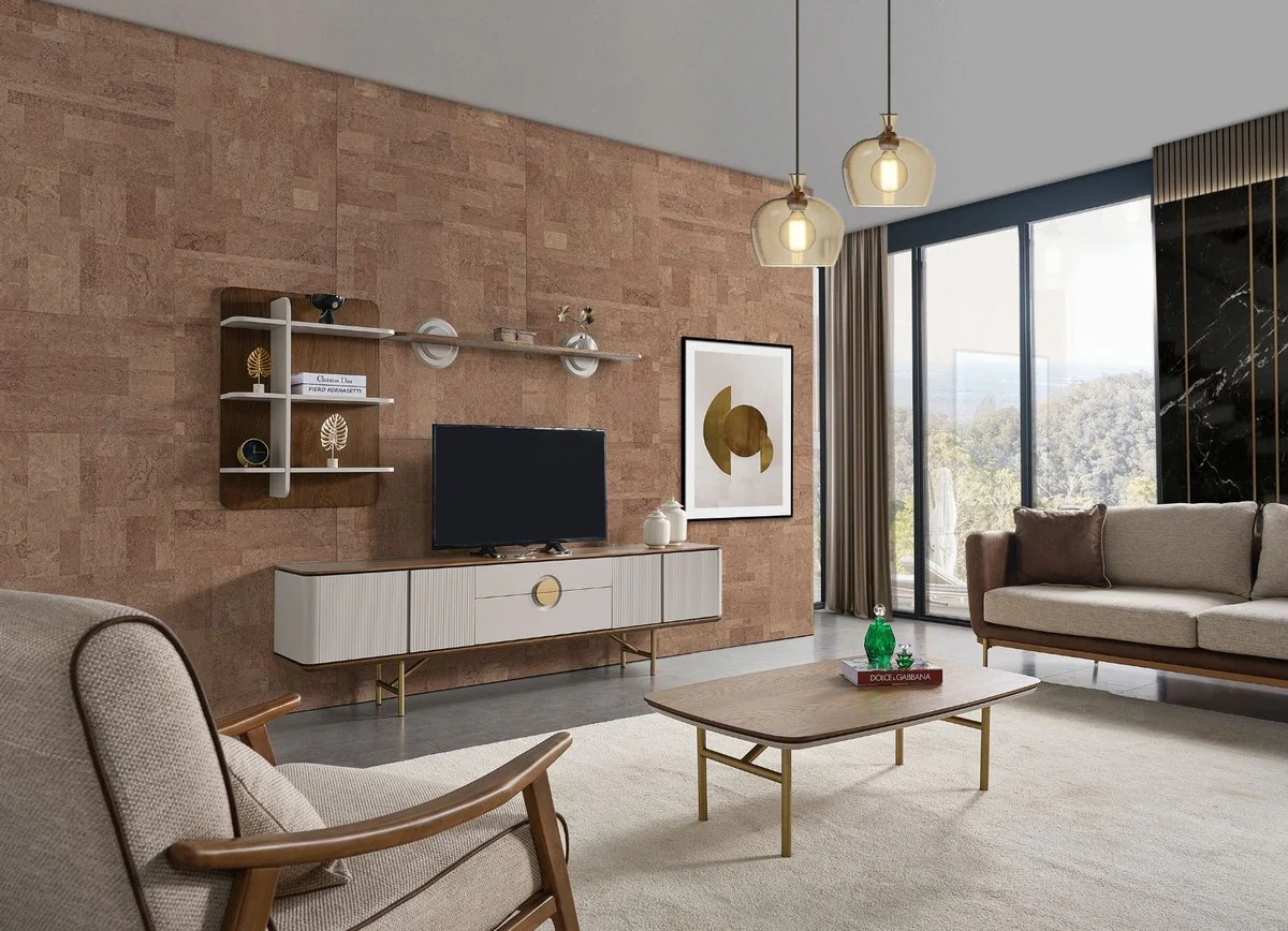 Casa Padrino conjunto de gabinete de TV para sala de estar de lujo gris claro / marrón / latón - 1 Gabinete de TV y 1 Estante de Pared - Muebles de salón de madera maciza - Muebles de lujo