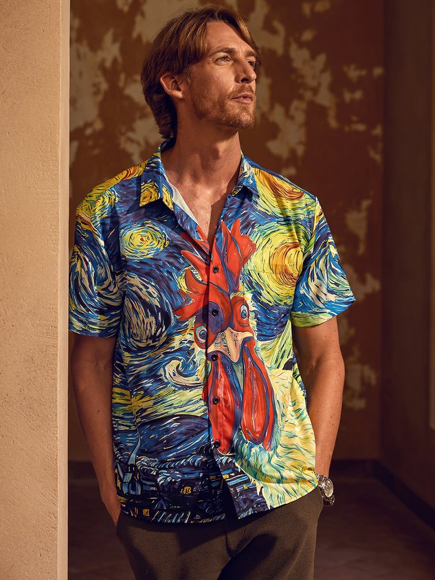 Rooster Chest Pocket Short Sleeve Casual Shirt