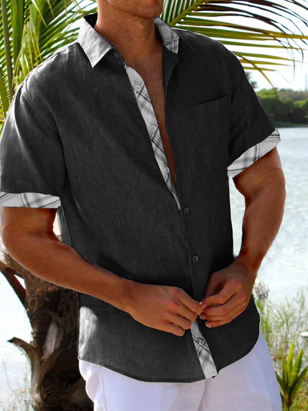 Plaid Panel Short Sleeve Casual Shirt