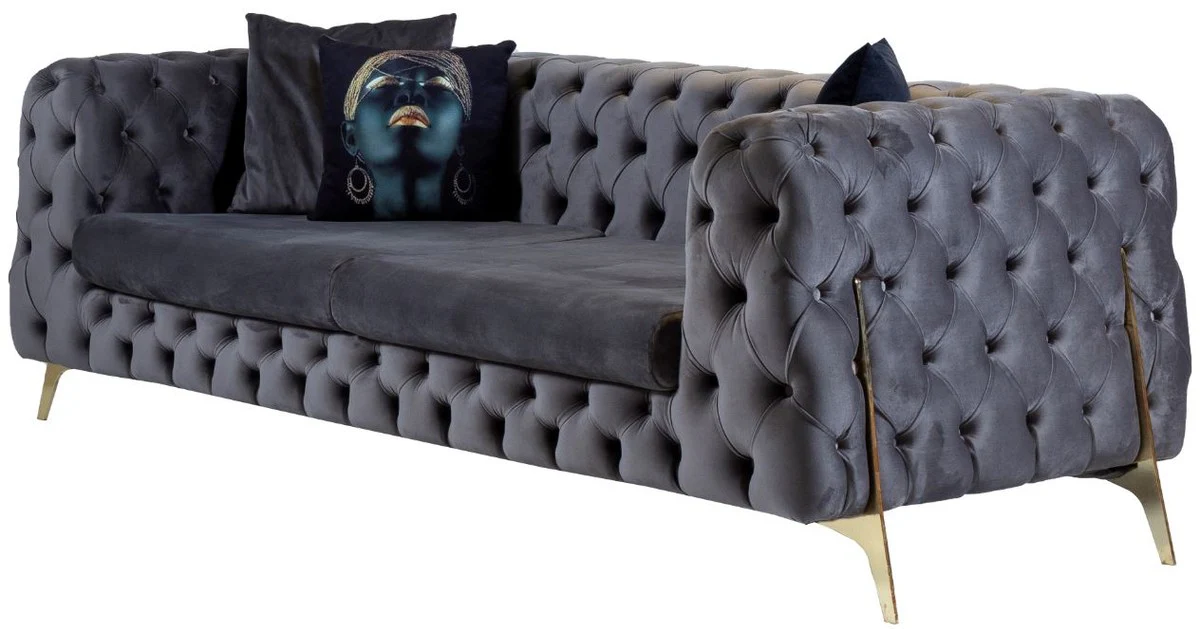 Casa Padrino sof¨¢ de terciopelo Chesterfield de lujo gris / lat¨®n 240 x 95 x A. 81 cm - Sof¨¢ de sal¨®n moderno - Muebles Chesterfield