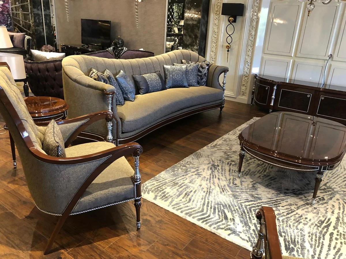 Casa Padrino mesa de centro barroco de lujo marr¨®n / plata 144 x 92 x A. 45 cm - Mesa de sal¨®n ovalada de madera maciza - Muebles de sal¨®n barrocos nobles