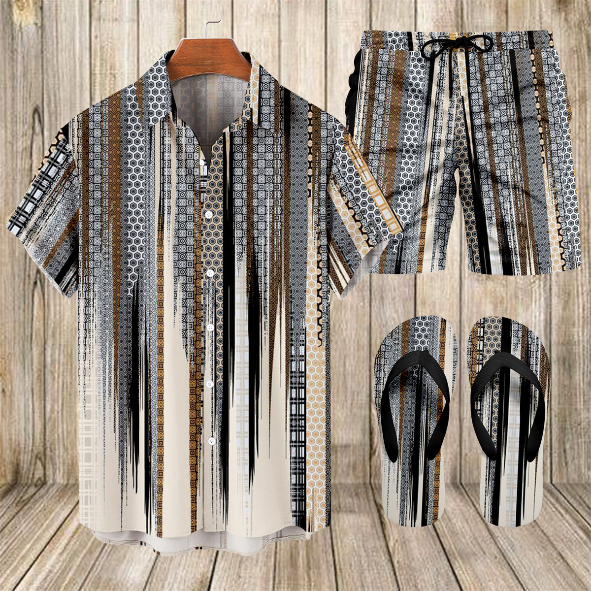 Suitmens Men's Tiki Party Hawaiian Vacation Print Three-Piece Set 016