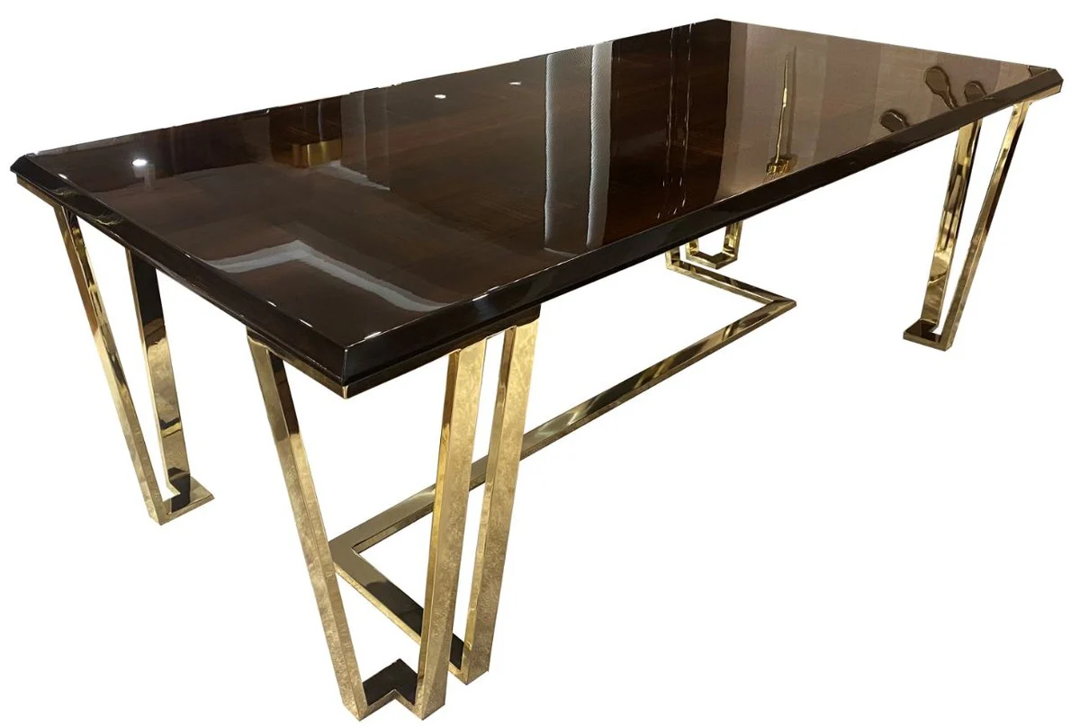 Casa Padrino mesa de comedor Art Deco de lujo marr¨®n oscuro / oro 220 x 110 x A. 77 cm - Noble mesa de comedor con placa de vidrio - Muebles de comedor Art Deco