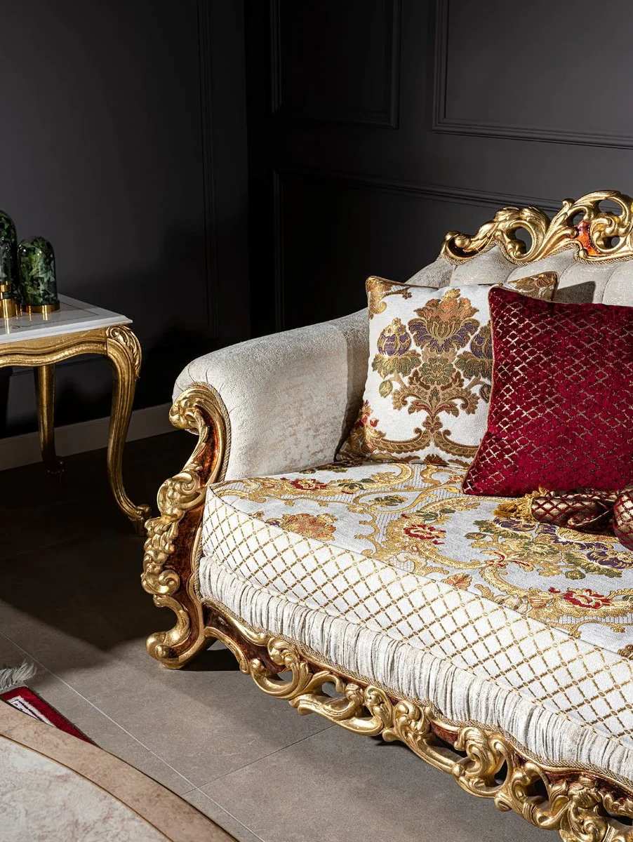 Casa Padrino sof¨¢ barroco de lujo blanco / oro / marr¨®n / oro - Sof¨¢ de sal¨®n magn¨ªfica con almohadas decorativas - Muebles Barrocos