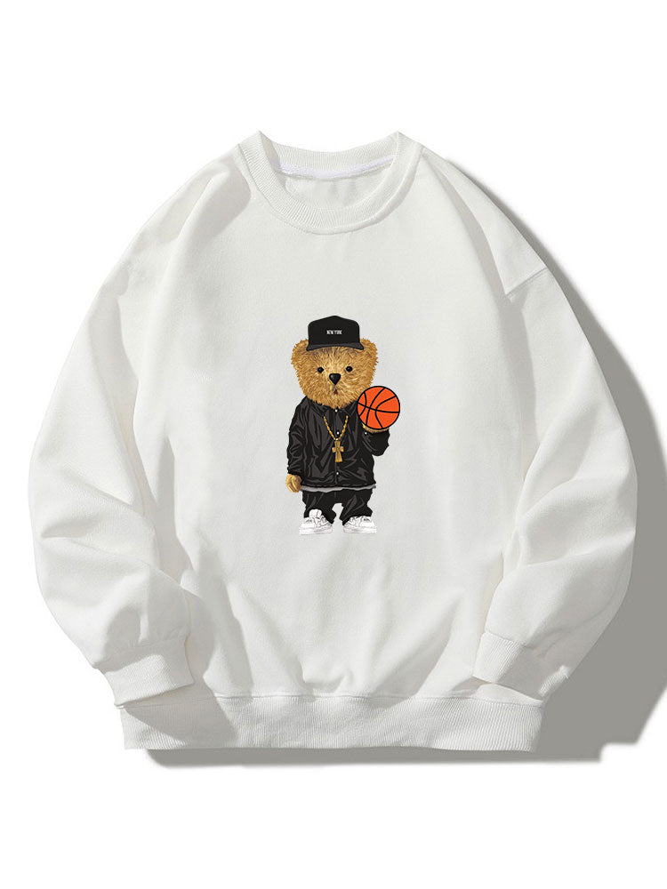 Basketball Bear Print Crew Neck Relaxed Sweatshirt
