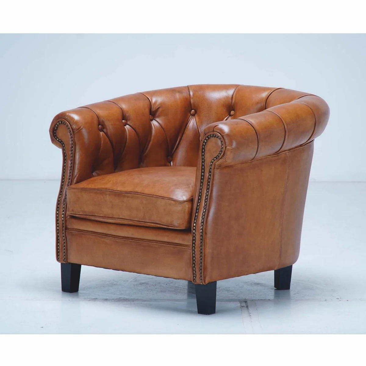 Casa Padrino sill¨®n Chesterfield de lujo de cuero genuino marr¨®n claro / negro - Muebles de cuero genuino