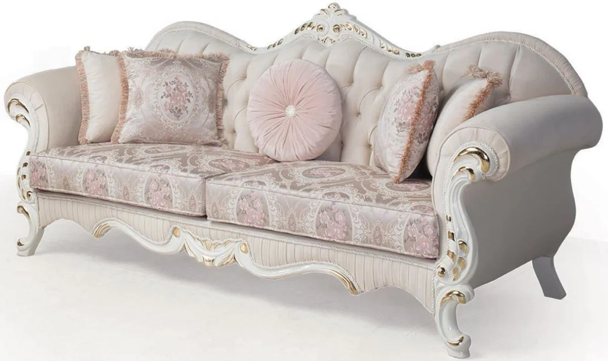 Casa Padrino sof¨¢ barroco de lujo rosa / blanco / oro 237 x 90 x A. 99 cm - Sof¨¢ de la sala con almohadas decorativas - Muebles Barrocos