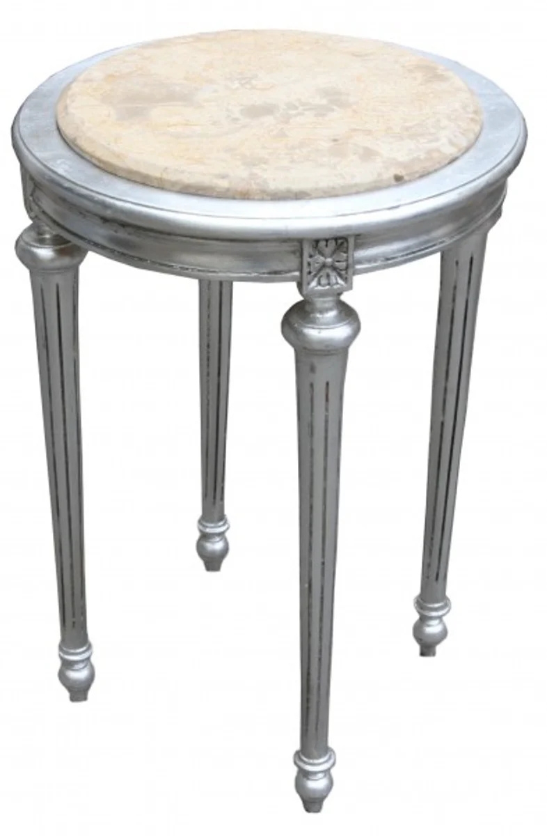 Baroque Side Table Round silver / cream marble slab ModY22 72 x 49 cm antique style
