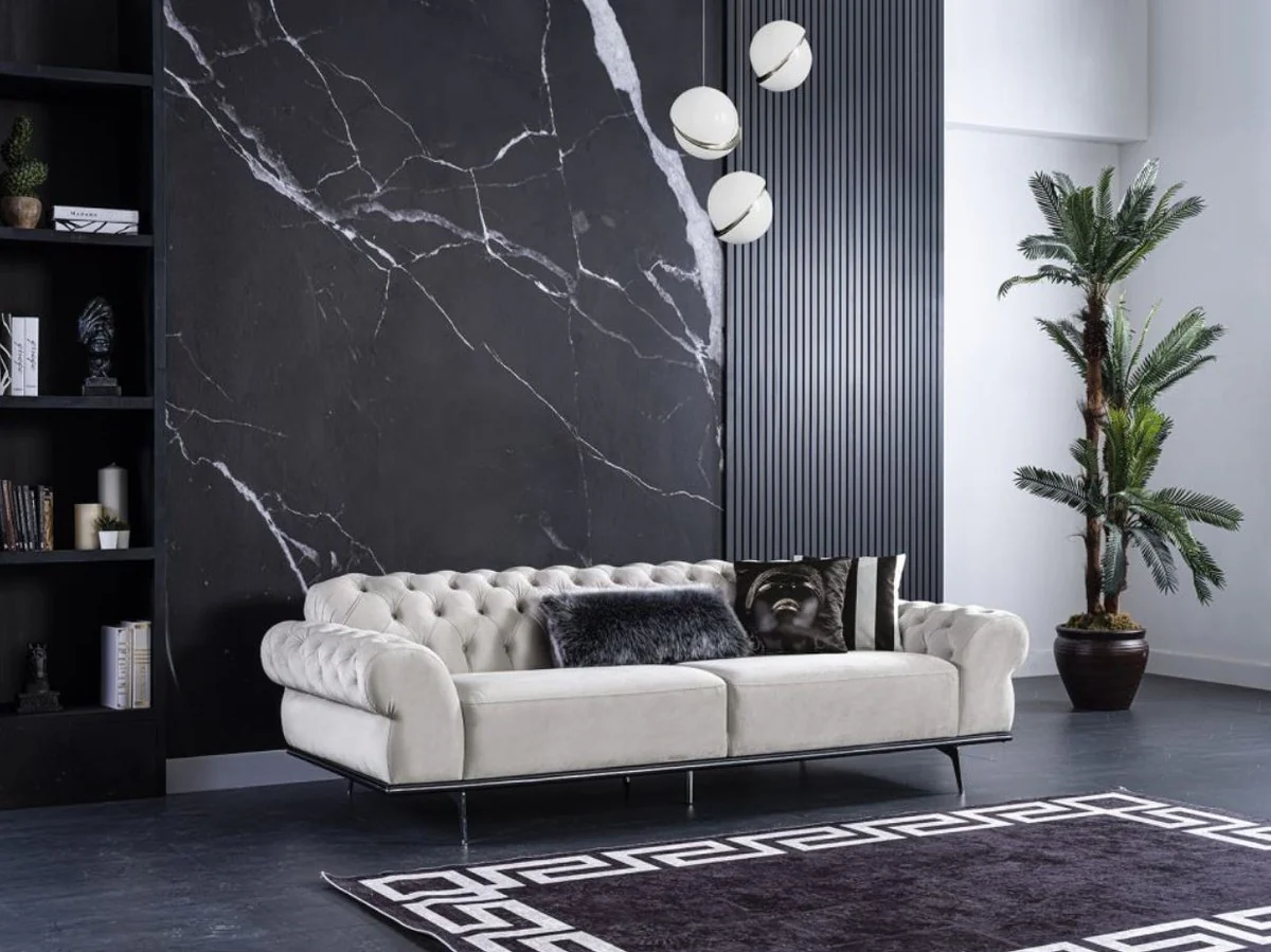 Casa Padrino sof¨¢ de sal¨®n Art Deco Chesterfield de lujo crema / plata 240 x 95 x A. 63 cm - Muebles de sal¨®n de lujo