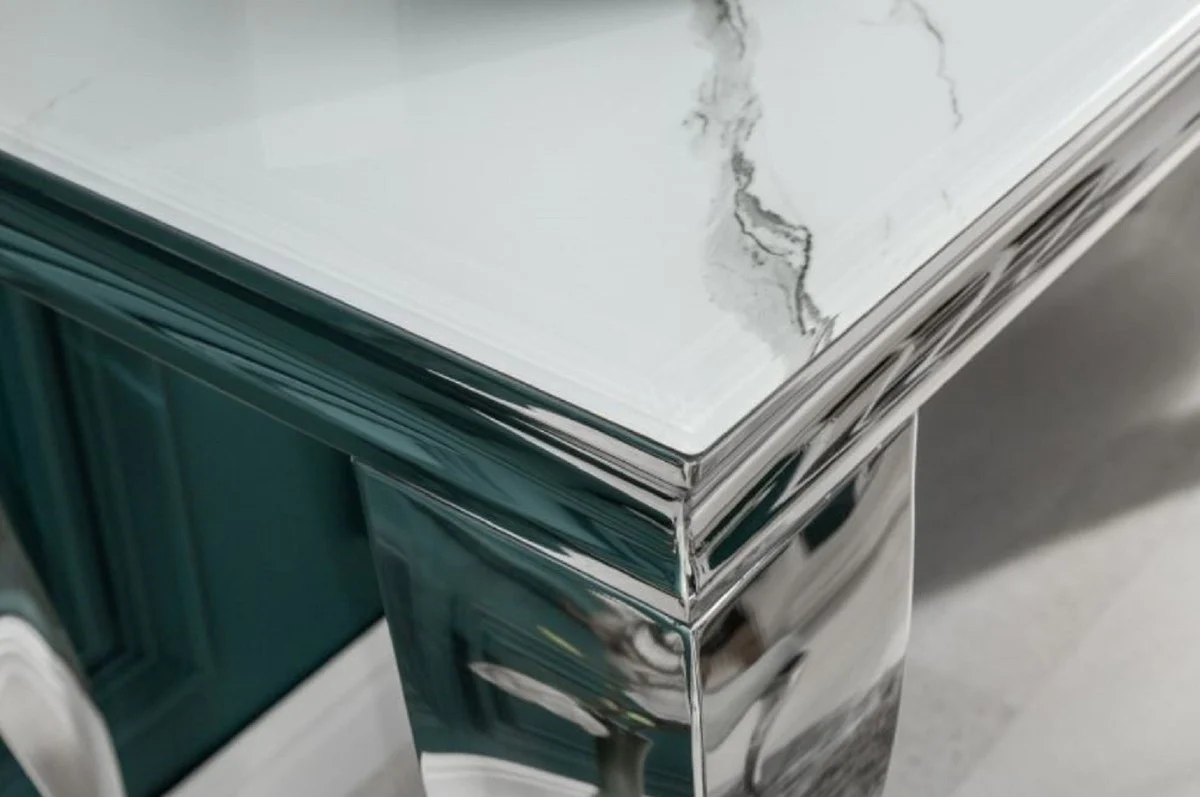 Casa Padrino consola de dise?o blanco / gris / plata 145 x 50 x A. 75 cm - Mesa consola rectangular de acero inoxidable con vidrio de seguridad impreso digitalmente en aspecto m¨¢rmol - Muebles barrocos modernos