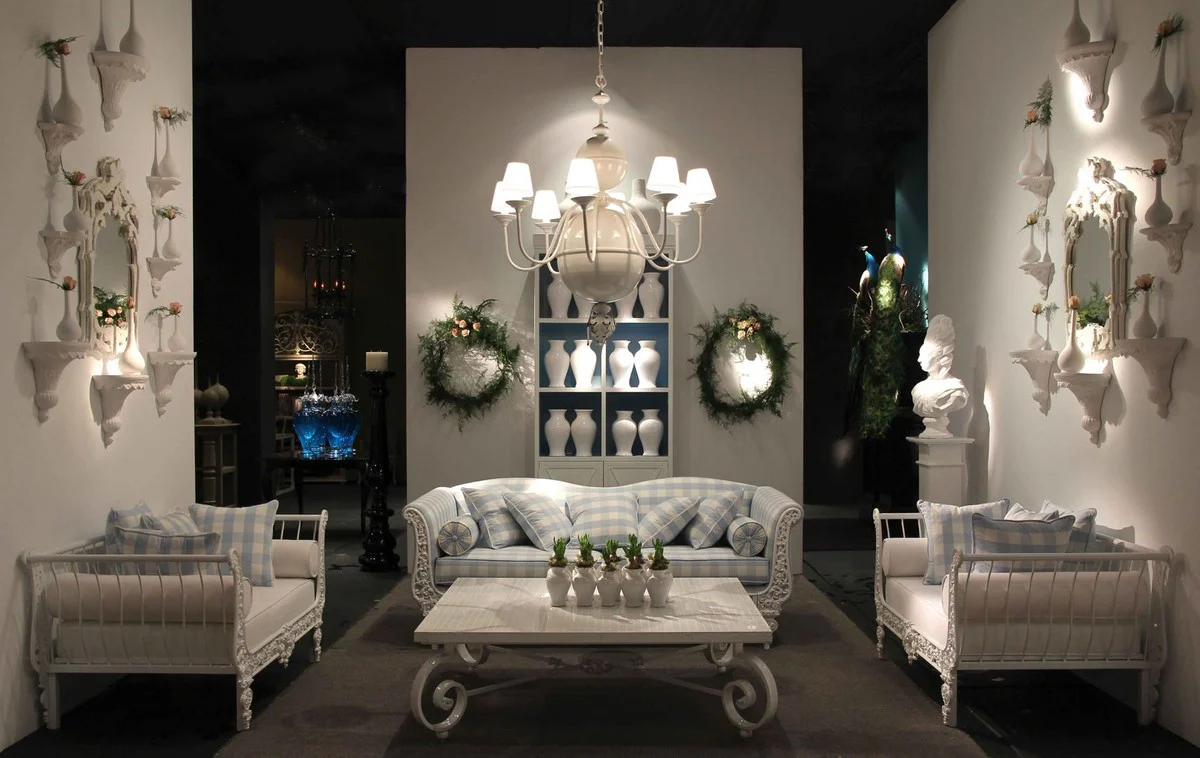 Casa Padrino sof¨¢ barroco de lujo blanco / azul claro 220 x 100 x A. 80 cm - Sof¨¢ de hierro forjado forjado a mano con cojines - Sof¨¢ de Sal¨®n - Sof¨¢ de Jard¨ªn - Sof¨¢ de Patio - Muebles Barrocos