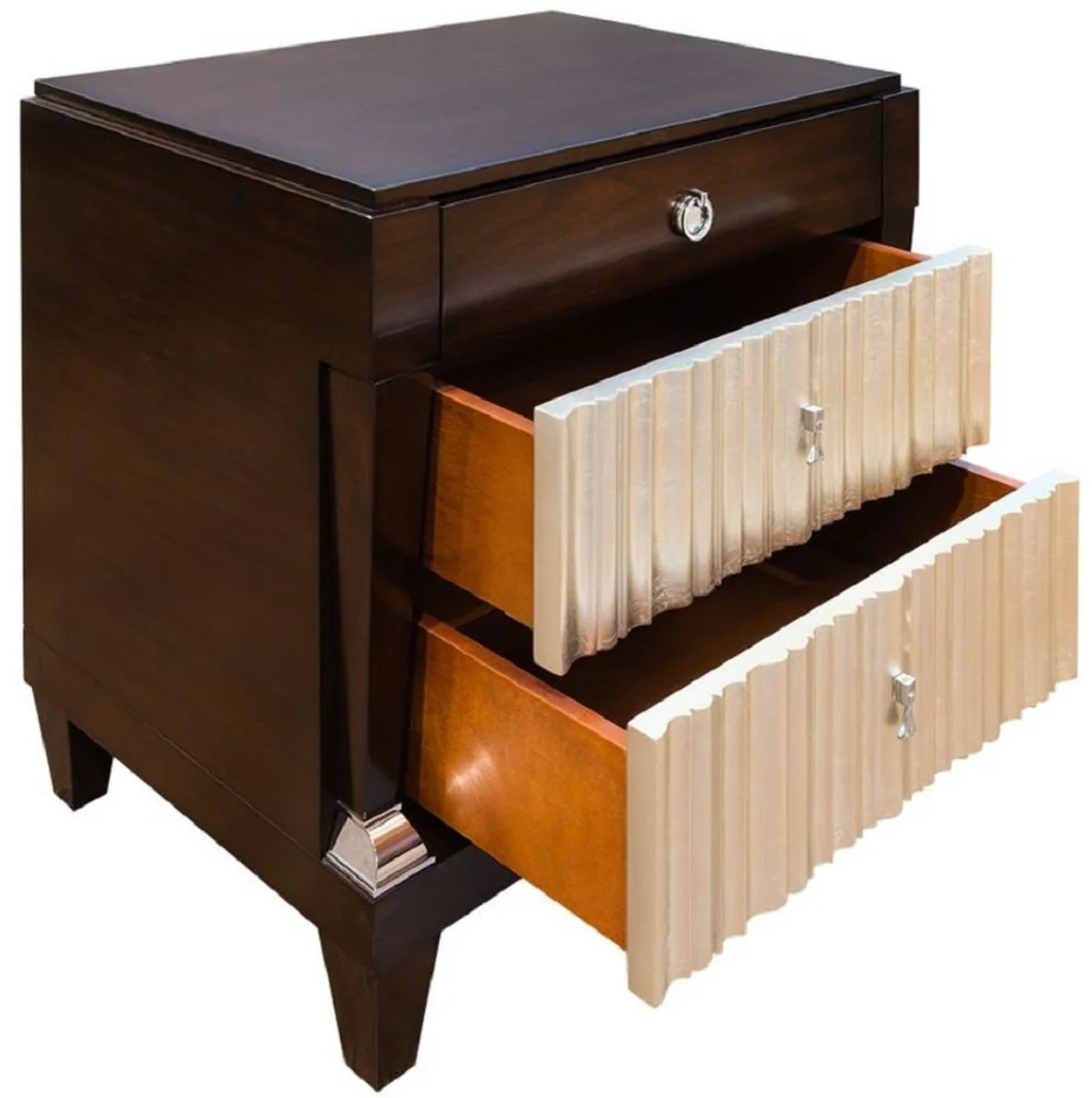 Casa Padrino conjunto de dormitorio neoclásico de lujo beige claro / marrón oscuro / plata - 1 Cama Doble con Cabecero y 2 Mesitas de Noche - Muebles de Dormitorio Neoclásicos