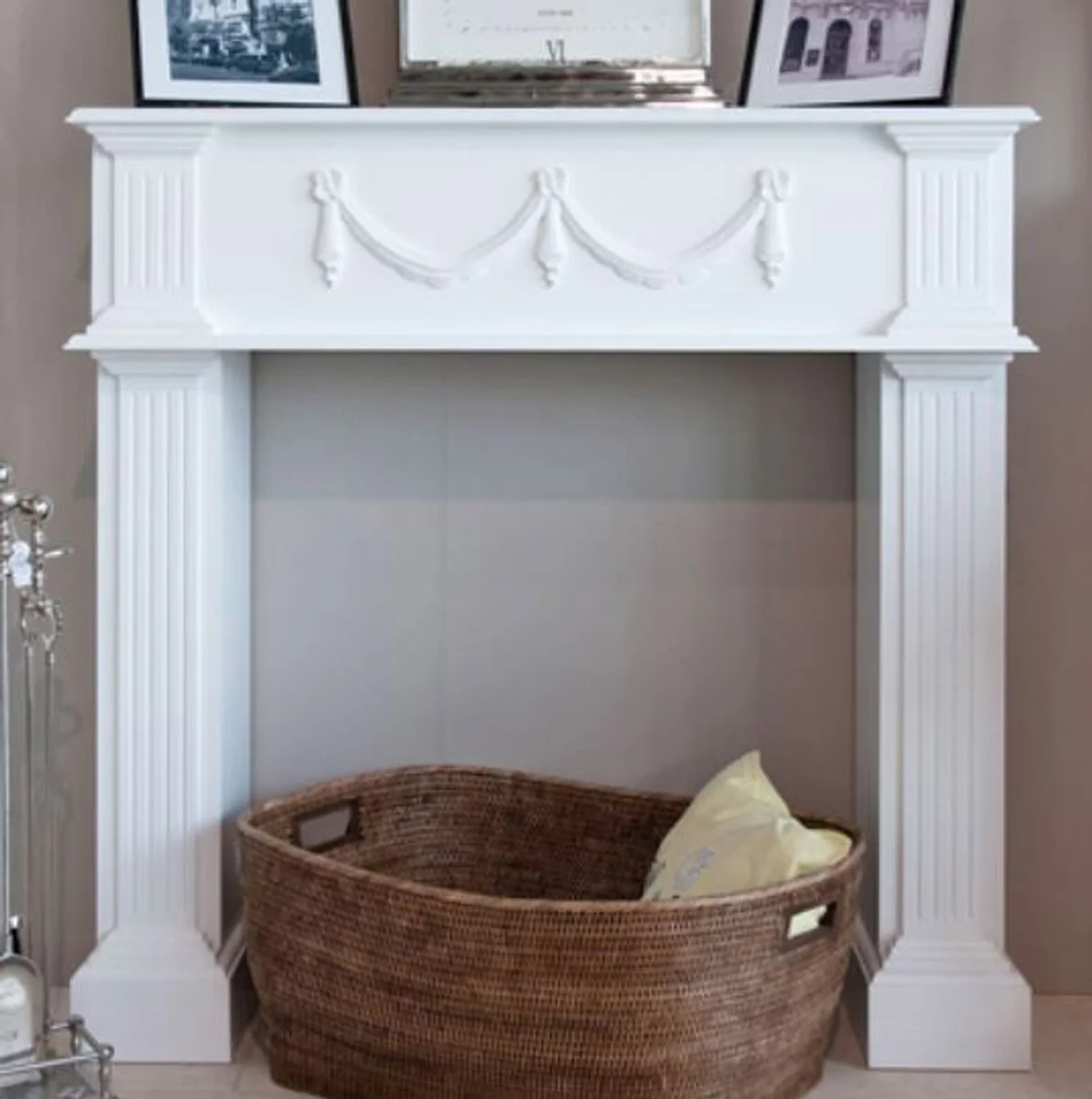 Casa Padrino country house fireplace surround with ornaments high gloss white 120 x 30 x H. 120 cm - Living Room Furniture