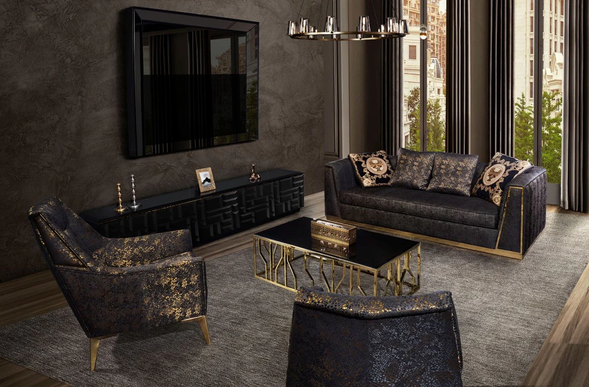 Casa Padrino gabinete de TV de lujo negro mate / oro 270 x 45 x A. 45 cm - Aparador de madera maciza noble con 6 puertas - Muebles de Lujo - Calidad de Lujo