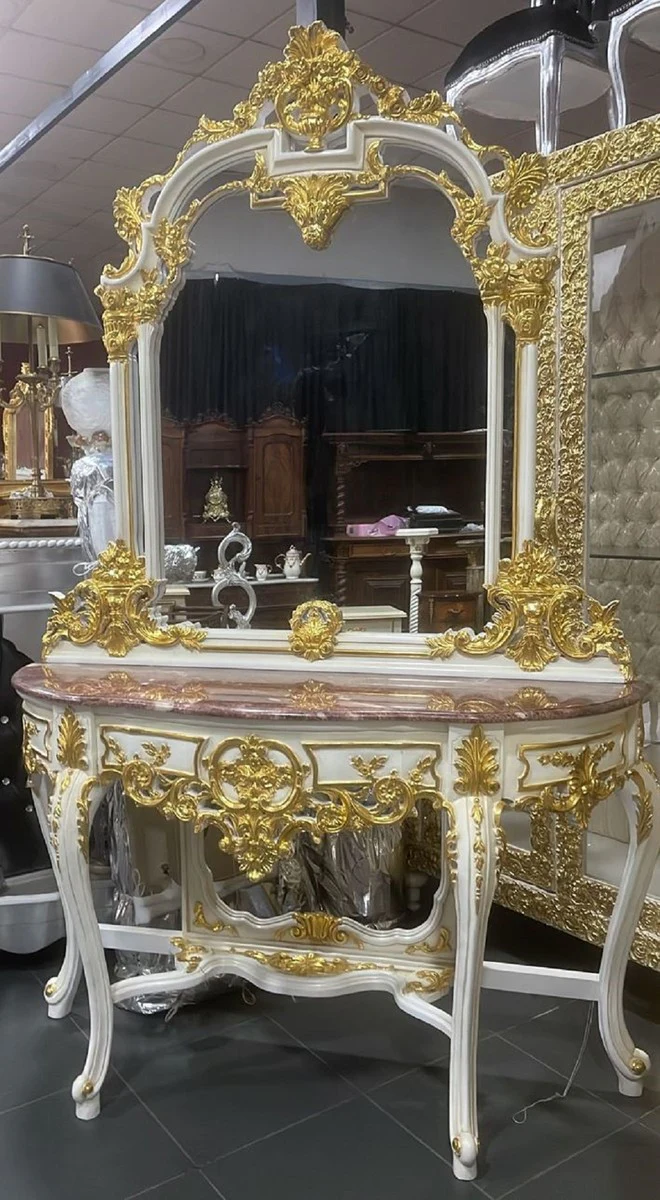 Casa Padrino consola de espejo barroco con tapa de m¨¢rmol blanco / oro / marr¨®n - Consola estilo barroco con espejo - Muebles de armario estilo barroco - Muebles barrocos - Muebles estilo antiguo