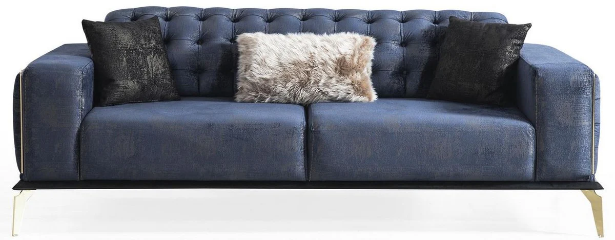 Casa Padrino sof¨¢ Art Deco Chesterfield de lujo azul / gris / negro / lat¨®n 236 x 99 x A. 86 cm - Sof¨¢ de sal¨®n noble con cojines decorativas - Calidad de Lujo