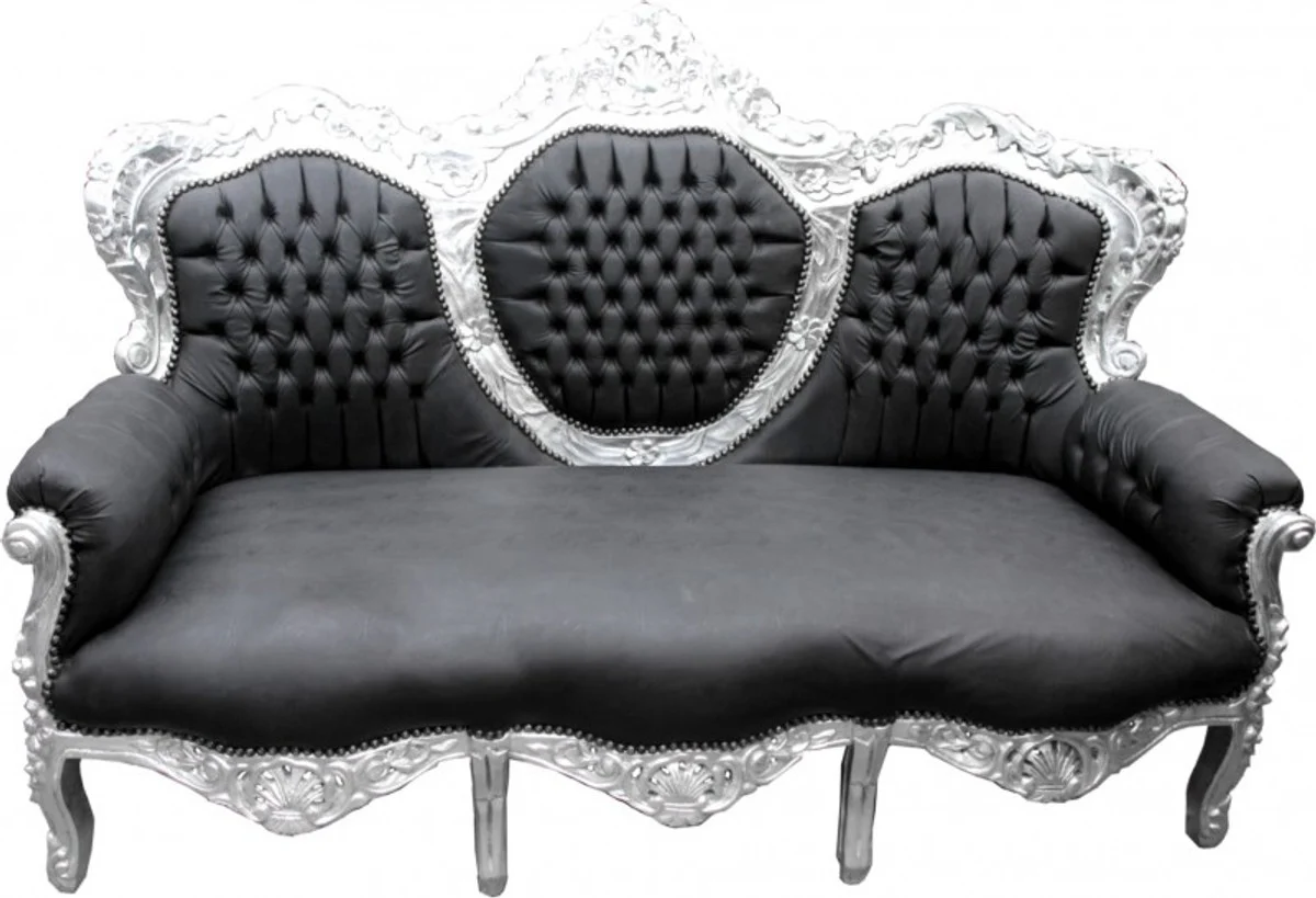 Casa Padrino Baroque Sofa King Black Leather Look / Silver - living room furniture Coffee Lounge