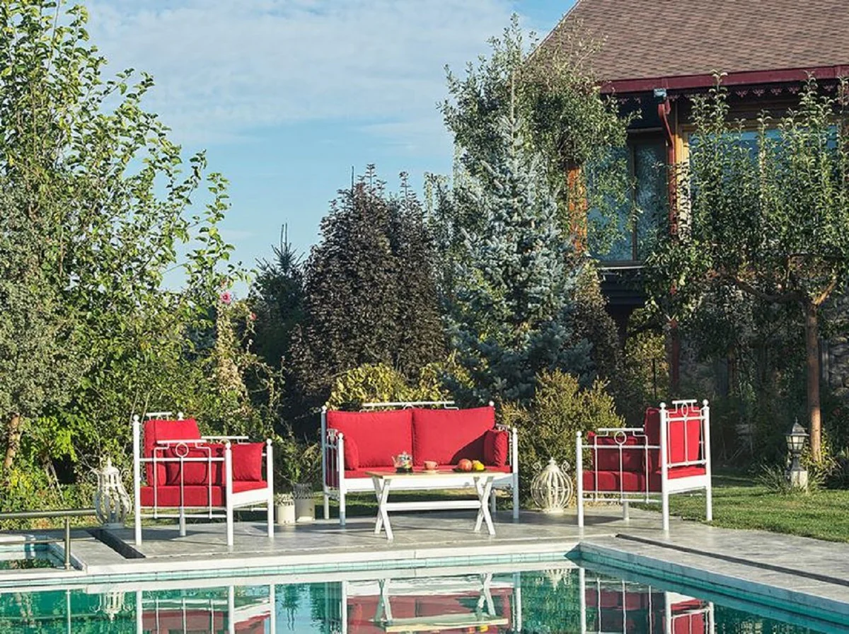 Casa Padrino Art Nouveau Conjunto de Muebles de Jardín Rojo Burdeos / Blanco - 1 Sofá y 2 Sillones y 1 Mesa - Muebles de Jardín y Patio Art Nouveau