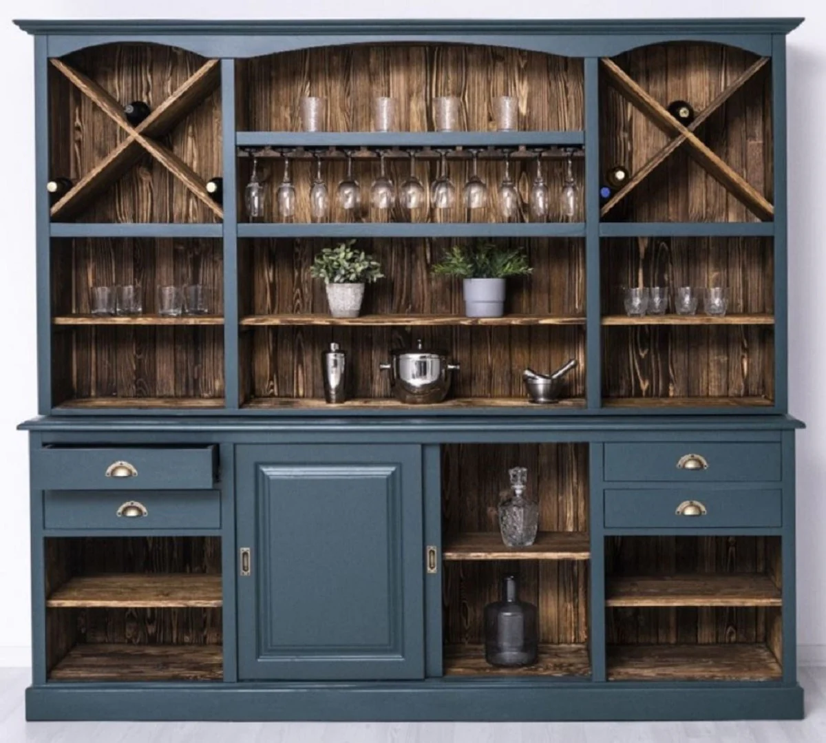Casa Padrino gabinete bar de estilo campestre azul / marr¨®n oscuro 240 x 50 x A. 210 cm - Gabinete para vinos de madera maciza de estilo campestre - Muebles de bar de estilo campestre
