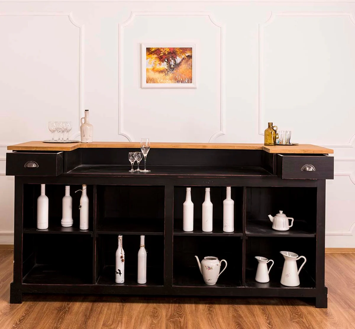 Casa Padrino barra de bar de estilo campestre negro antiguo / natural 240 x 65 x H. 107 cm - Barra de Bar con Cajones y Compartimentos de Almacenamiento