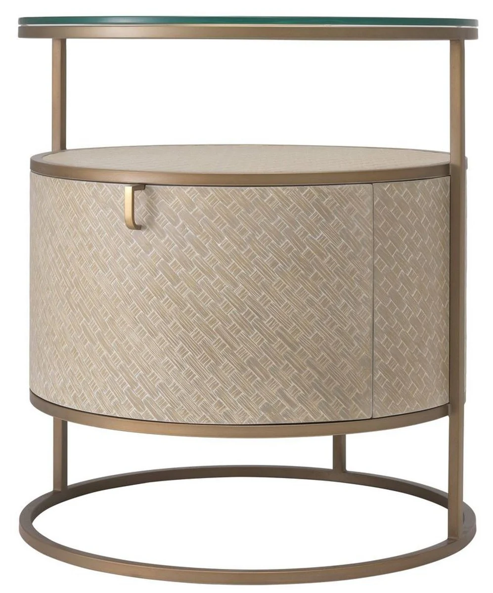 Casa Padrino mesita de noche de lujo beige / lat¨®n ? 50 x H. 56 cm - Mesa Auxiliar Redonda con Caj¨®n y Tapa de Vidrio - Muebles de Dormitorio de Lujo