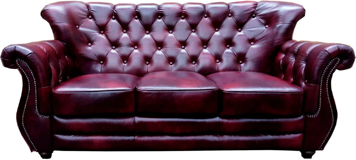 Casa Padrino sof¨¢ de 3 plazas de cuero Chesterfield de lujo rojo burdeos - Sof¨¢ de sal¨®n de cuero aut¨¦ntico - Muebles de Sal¨®n Chesterfield