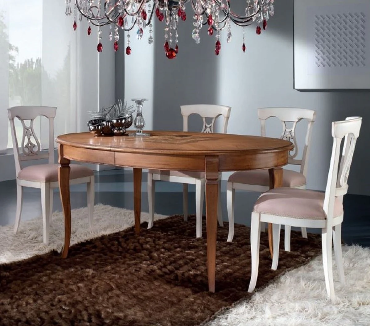 Casa Padrino mesa de comedor Biedermeier de lujo marr¨®n marqueter¨ªa - Mesa de comedor extensible ovalada de madera maciza - Muebles de comedor Biedermeier - Calidad de Lujo - Hecho en Italia