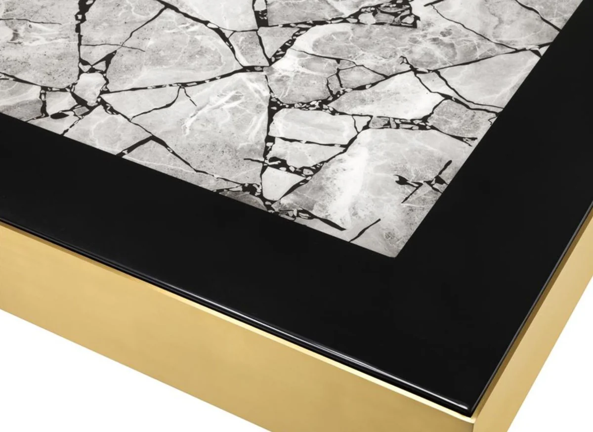 Casa Padrino mesa de centro de acero inoxidable de lujo con encimera de mármol de arte latón / negro brillante / gris 100 x 100 x H. 38 cm - Muebles de salón de diseño