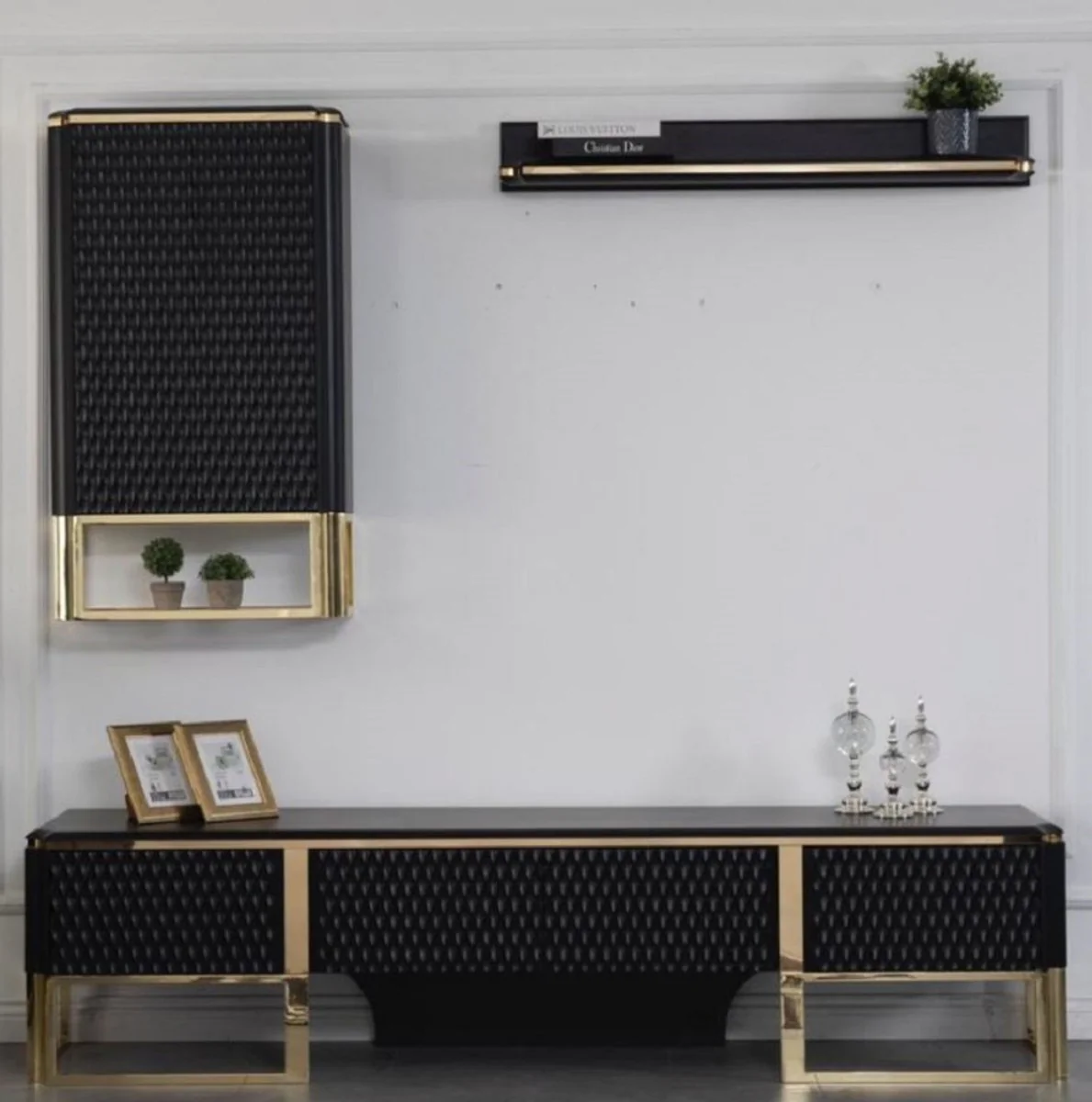Casa Padrino conjunto de gabinete de TV de lujo negro / oro 220 x 50 x A. 53 cm - 1 Gabinete de TV y 1 Gabinete de Pared y 1 Estante de Pared - Muebles de sala de estar de lujo
