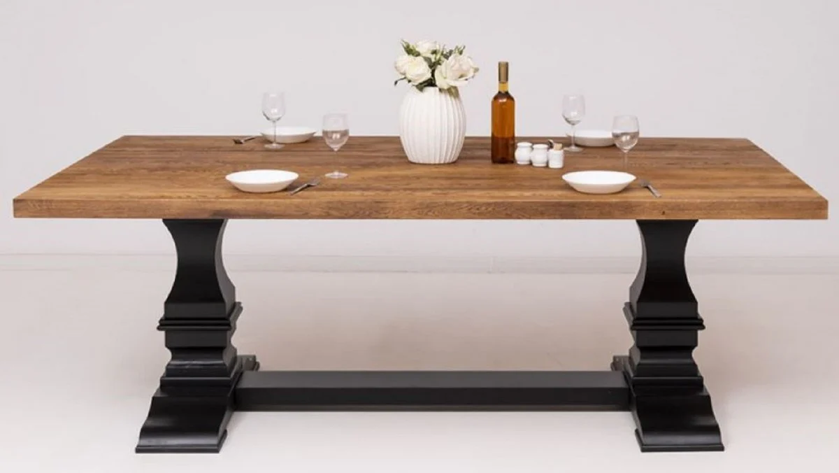 Casa Padrino mesa de comedor de estilo campestre marr¨®n / negro 220 x 120 x A. 78 cm - Mesa de cocina rectangular de madera maciza - Mueble de comedor de madera maciza estilo country