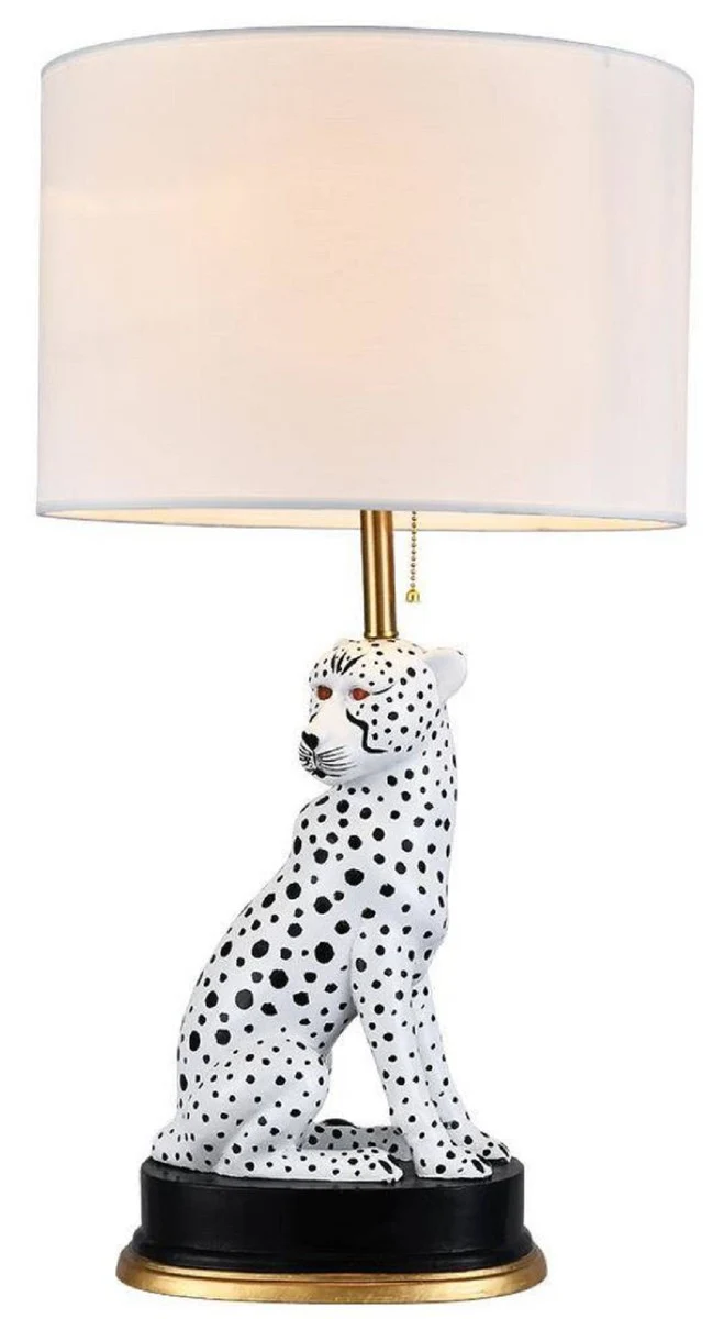 Casa Padrino lámpara de mesa de cerámica de lujo puma gato blanco / negro / oro Ø 38 x A. 72 cm - Lámpara de escritorio de cerámica con pantalla redonda - Luces de cerámica de lujo