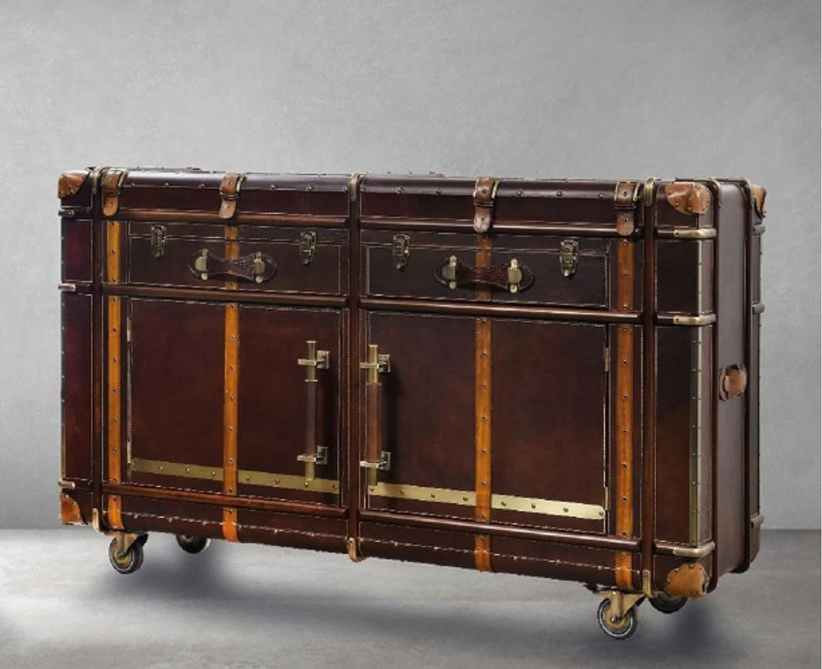 Casa Padrino consola de cuero de lujo en aspecto de maleta marr¨®n oscuro / marr¨®n / lat¨®n 166 x 47 x A. 90 cm - Mesa consola de cuero genuino - Muebles de cuero genuino de lujo en ¨®ptica de maleta