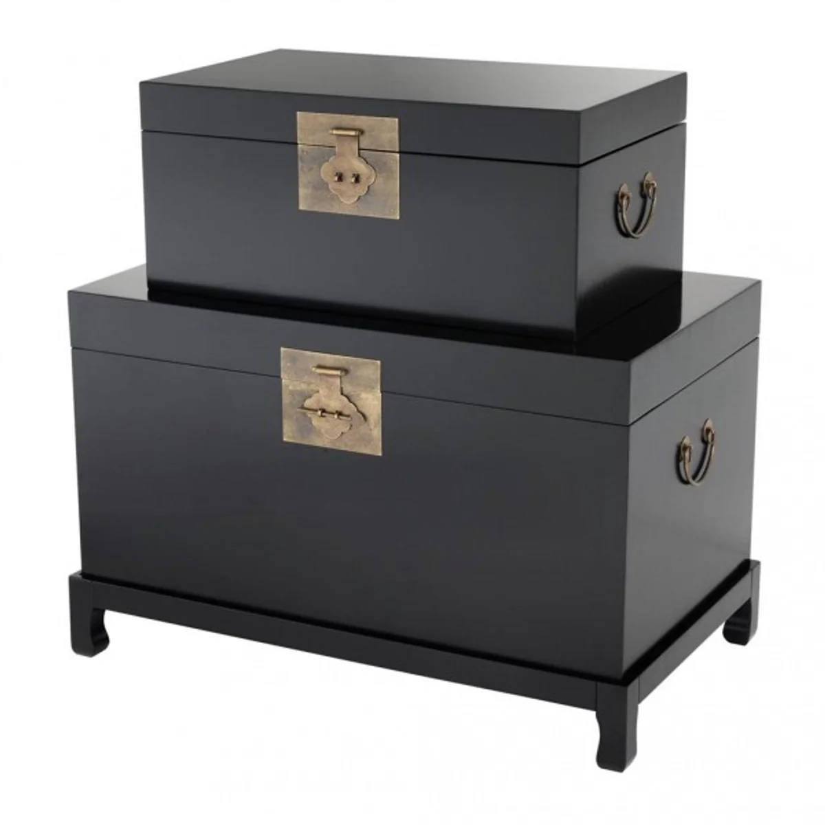 Casa Padrino Chest Set (2 Chests) Black / Brass Appliques - Vintage Look Hotel Furniture
