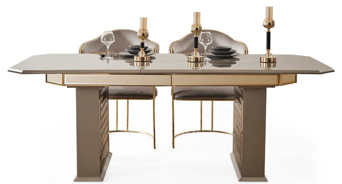 Casa Padrino conjunto de comedor Art Deco de lujo gris / oro - 1 Mesa de Comedor Extensible y 6 Sillas de Comedor con Reposabrazos - Muebles de comedor - Muebles Art Deco - Muebles de lujo
