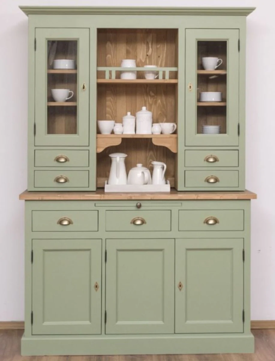 Casa Padrino gabinete de cocina de estilo campestre verde / marr¨®n 137 x 50 x A. 197 cm - Gabinete de Cocina de 2 Piezas con 5 Puertas y 7 Cajones - Muebles de Cocina de Estilo Campestre