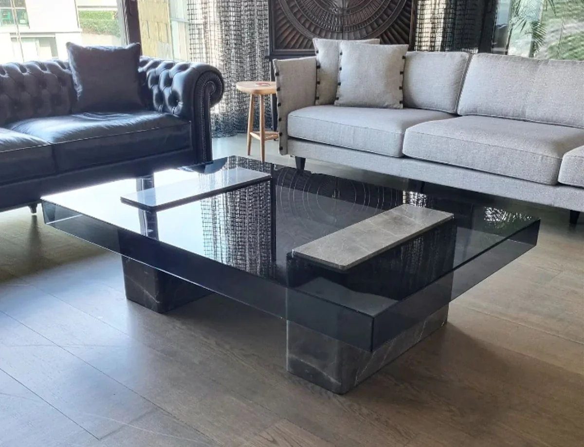 Casa Padrino Mesa de Centro de M¨¢rmol de Lujo con Tapa de Vidrio Gris / Negro 140 cm