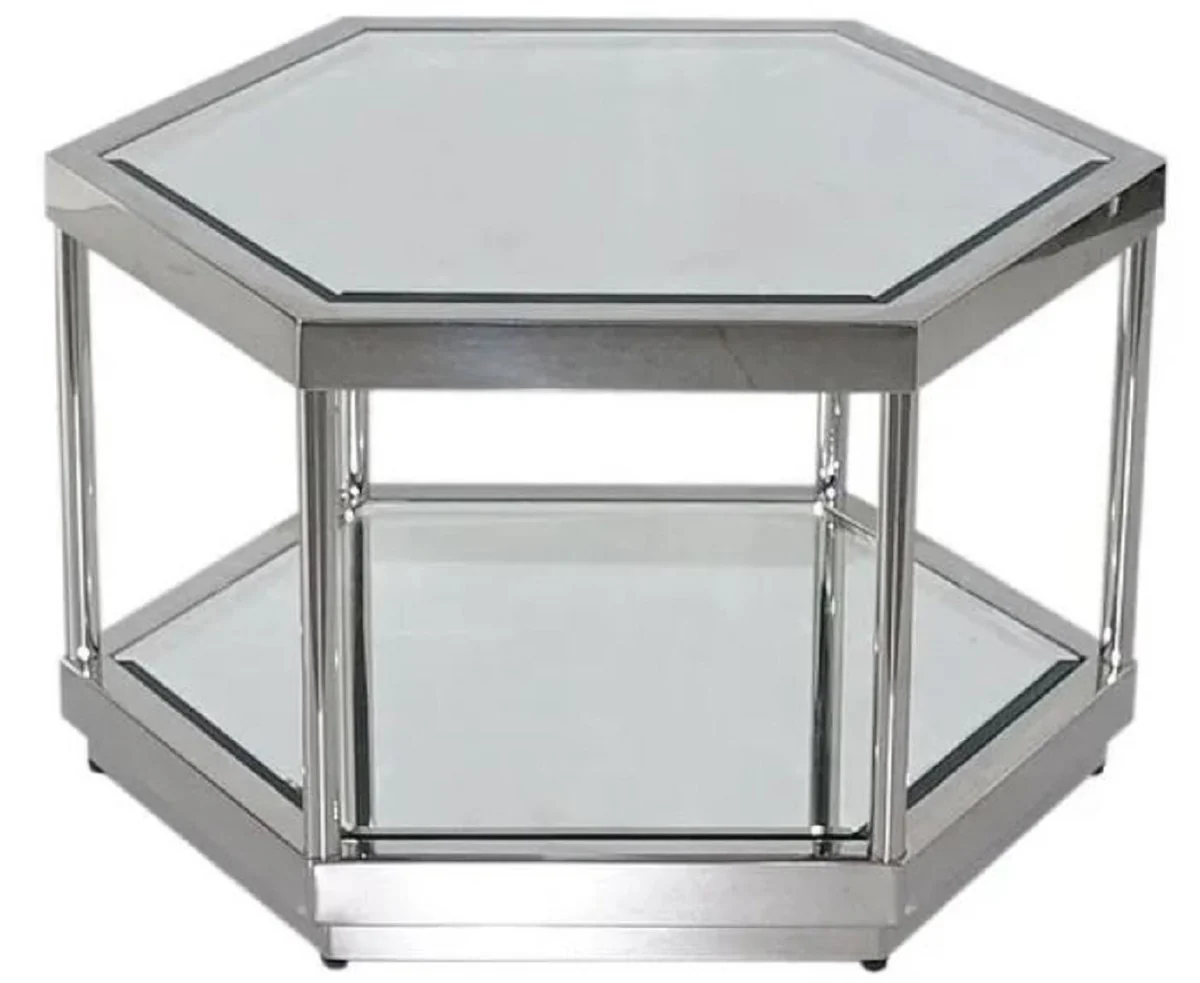 Casa Padrino mesa de centro de lujo plata 60 x 52 x A. 36 cm - Mesa de sal¨®n de 6 esquinas de metal con placas de vidrio - Muebles de sal¨®n - Muebles de lujo