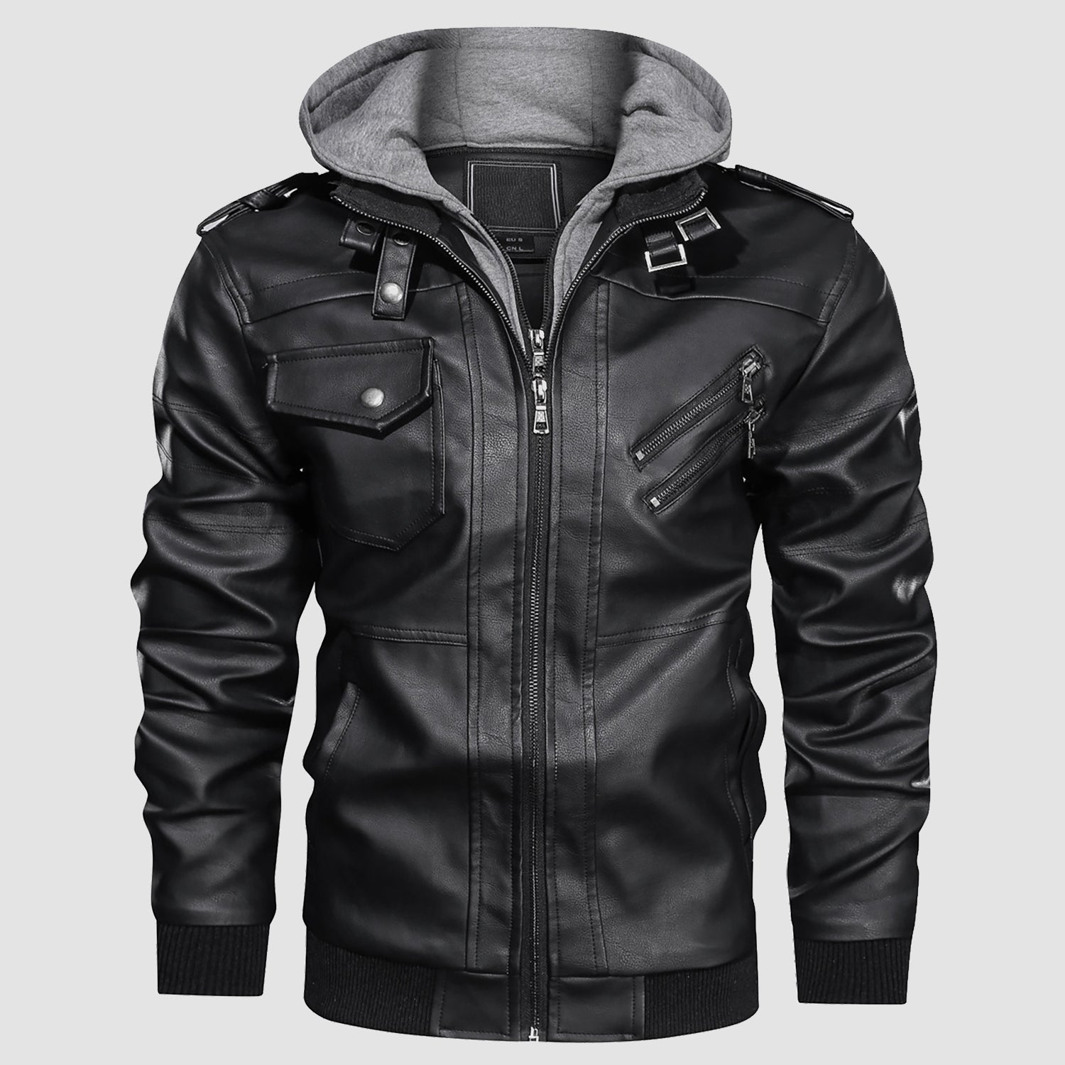 Men's Stand Collar PU Faux Leather Jacket 6 Pockets Motorcycle Bomber Fall Winter Jacket with a Removable Hood