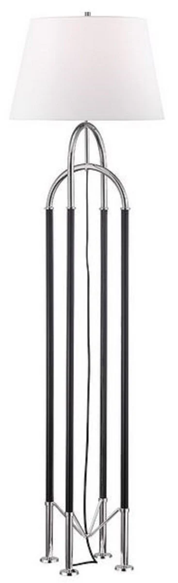 Casa Padrino lámpara de pie de lujo plata / negro / blanco Ø 50,8 x H. 172,7 cm - Lámpara de Metal Noble con Cuero de Alta Calidad y Pantalla de Lino - Calidad de Lujo