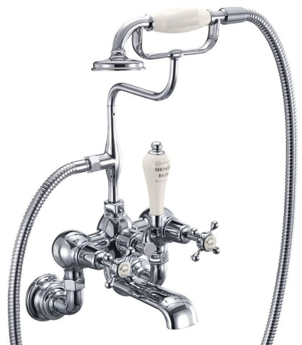 Casa Padrino grifo de baño Art Nouveau de lujo plata / crema A. 46,95 cm - Grifo de baño de latón nostálgico con ducha de mano - Accesorios de baño nostálgicos