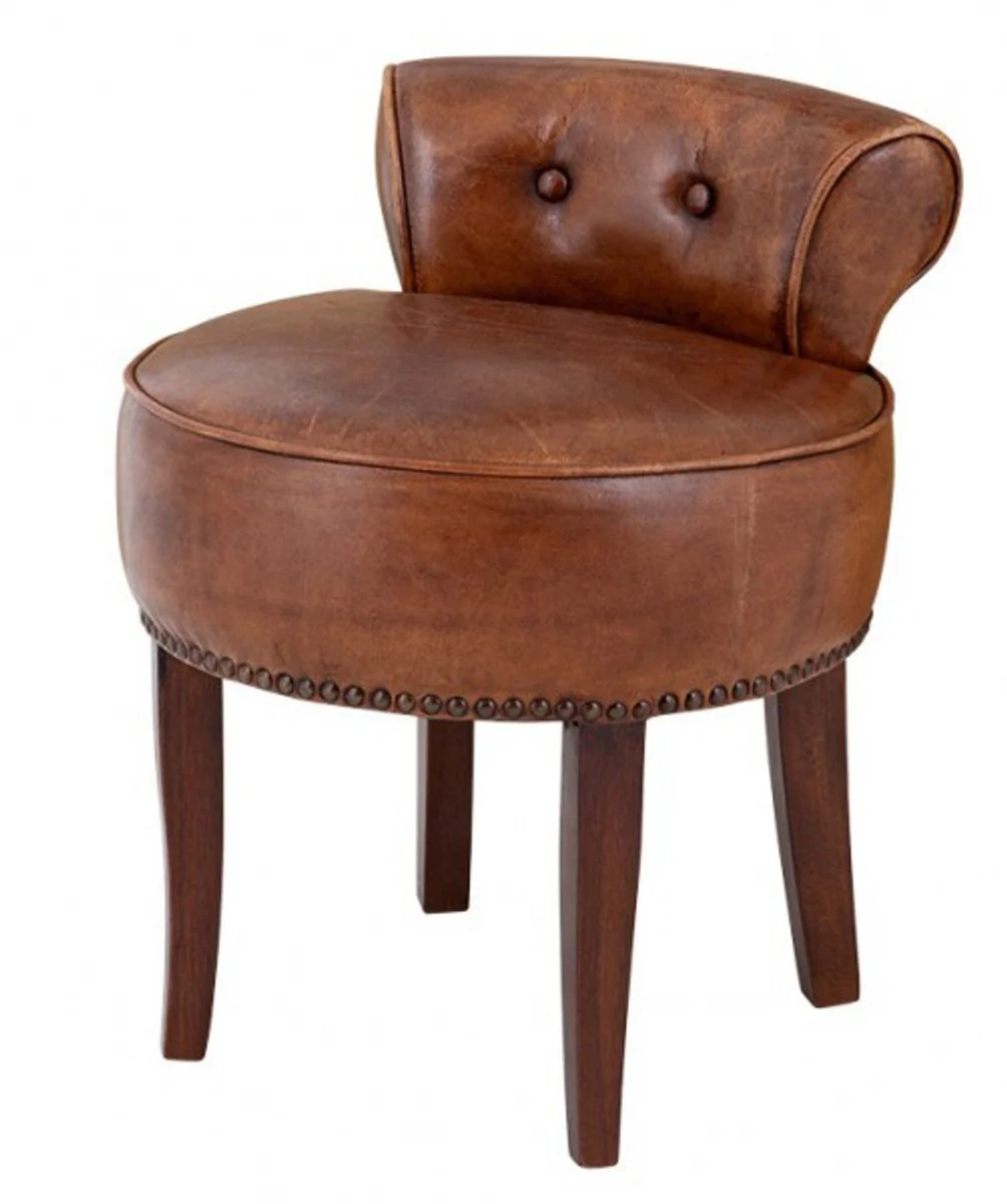 Casa Padrino Design stool chair made ??of solid oak Real Leather Brown - Chesterfield Colonial Style Shabby Cottage Baroque dressing table chair leather furniture